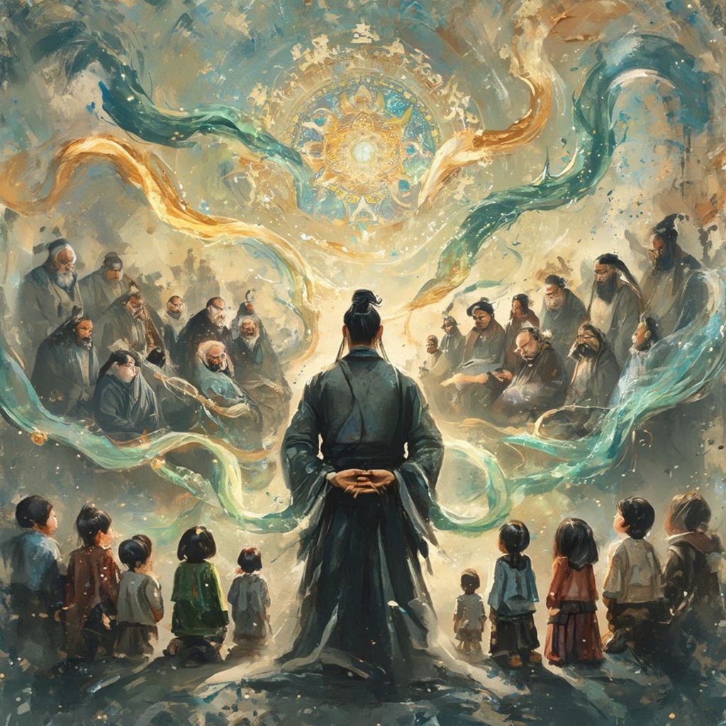 風師父站在一堆老先生和碎娃中間，就像有光在轉，靜靜地聚成個壇城。