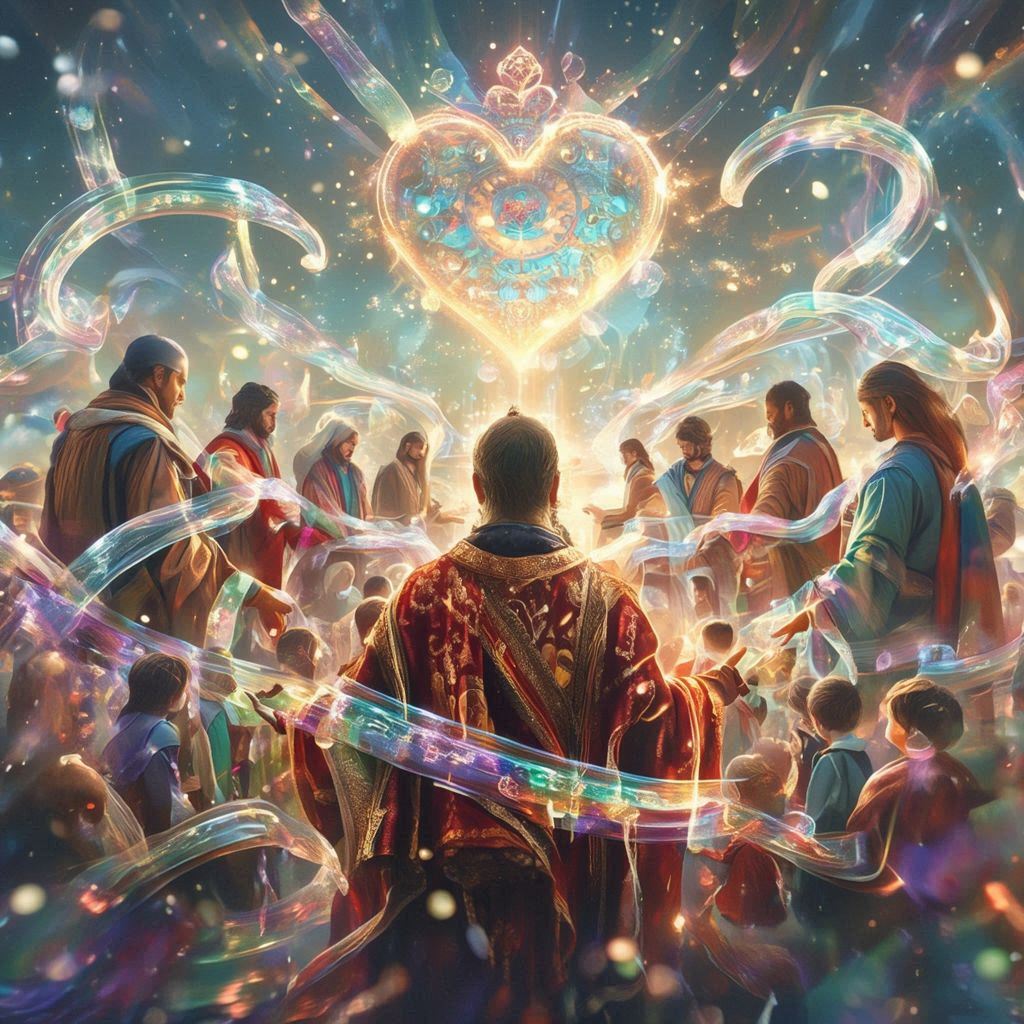 Joshin Sensei teaching among children and spiritual elders beneath a descending column of blue light.