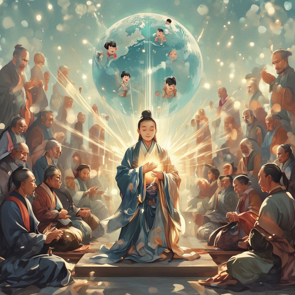 Min-san centered in a circle of elders with children above a radiant globe, offering hope for youth.