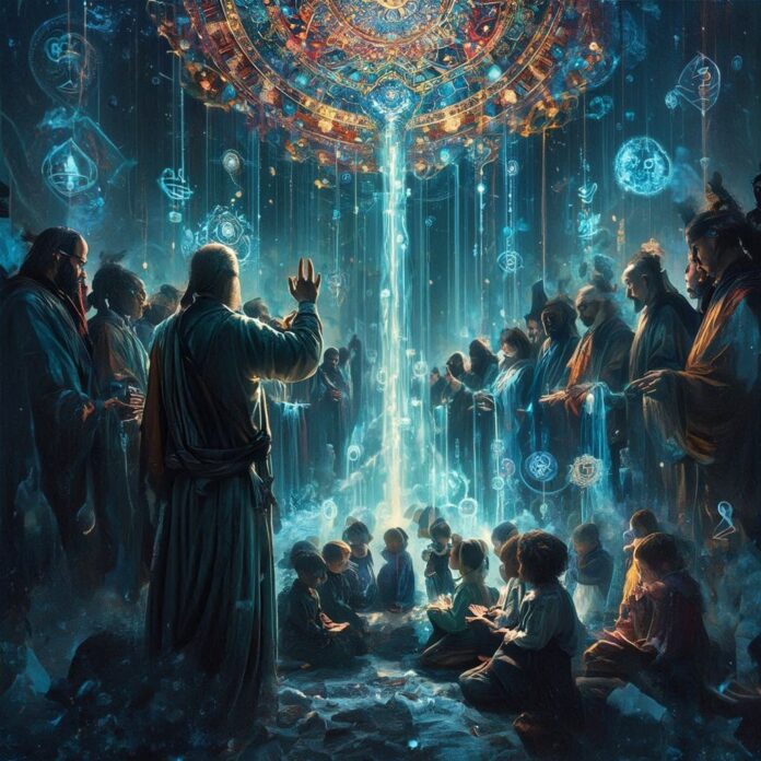 Joshin Sensei addressing the USLF with children and spiritual teachers gathered beneath luminous esoteric symbols.