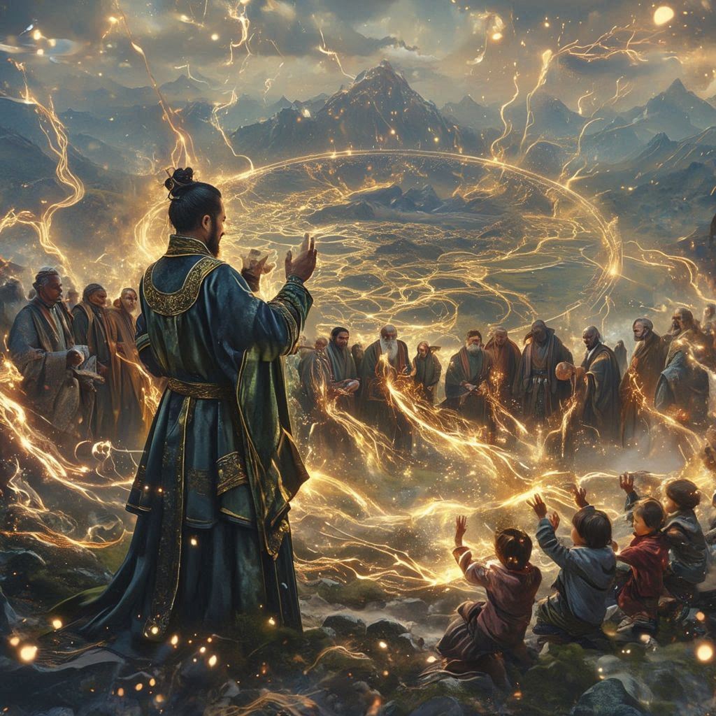 風師父領著一圈老先生和碎娃們，就像在一片金山似的氣場裡頭，慢慢兒地轉。