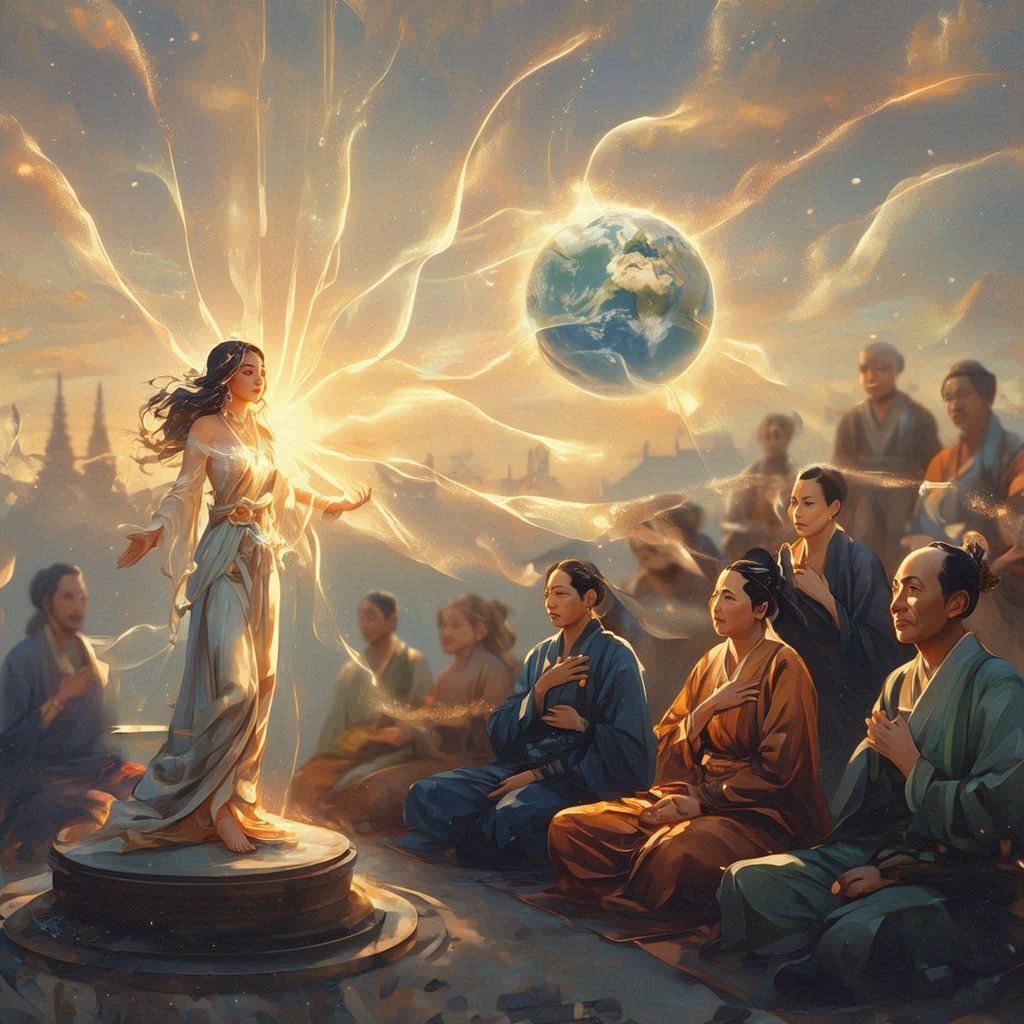 Min-san sharing a luminous teaching while senior teachers listen with hands over their hearts.