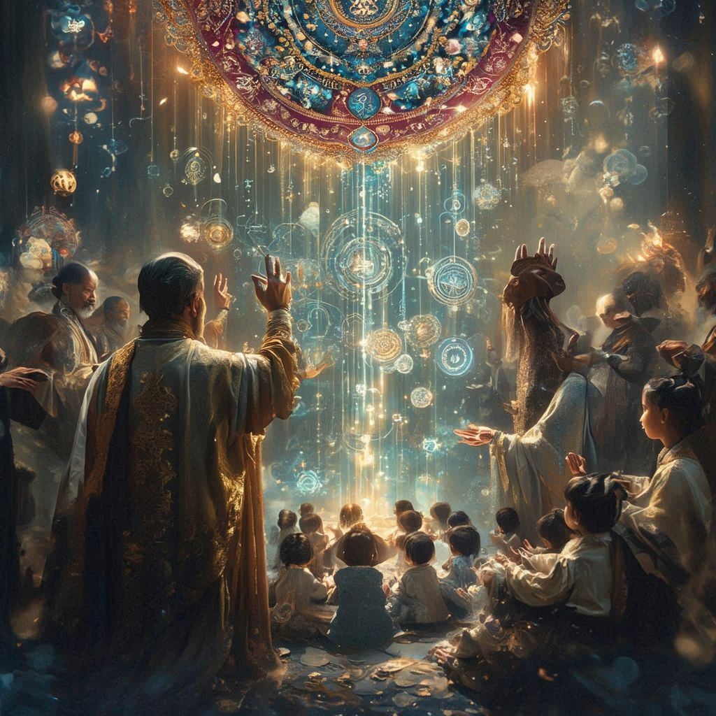 Joshin Sensei surrounded by teachers and children beneath a radiant heart mandala.