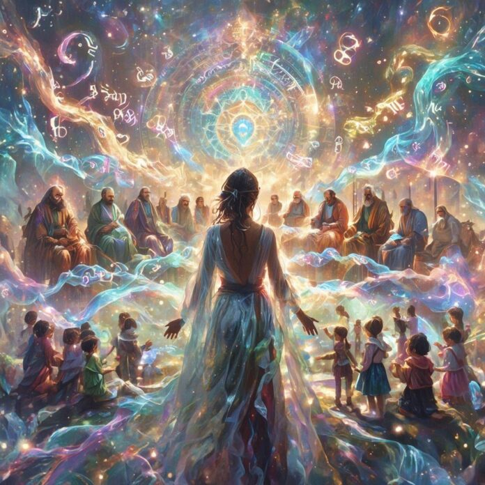 Junko standing among spiritual teachers and children as a luminous feminine presence blesses the gathering.