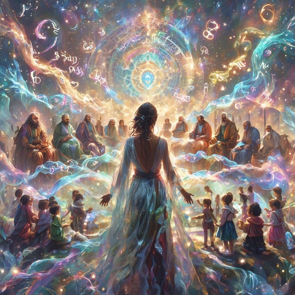 純子が京都を開いた:USLFにおける最初の日本人の声と、希望の伝達 Junko standing among spiritual teachers and children as a luminous feminine presence blesses the gathering.