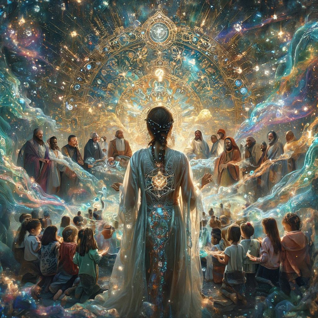 Junko at the center of a celestial circle of teachers and children beneath a golden cosmic arch.