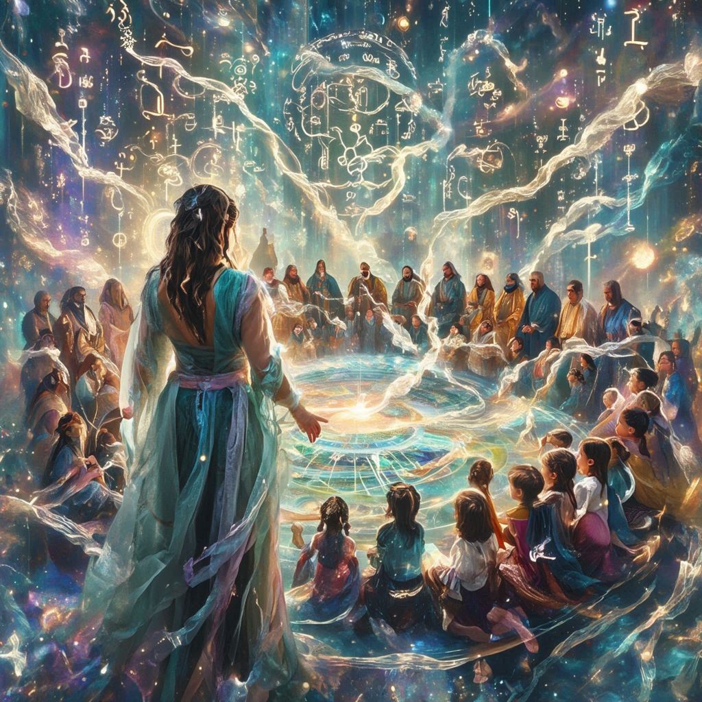 Junko standing before gathered spiritual leaders and children beneath a radiant cosmic mandala.