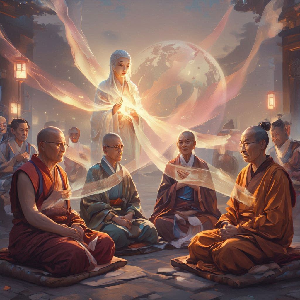 Junko addressing teachers and children around a luminous field of symbols and light.