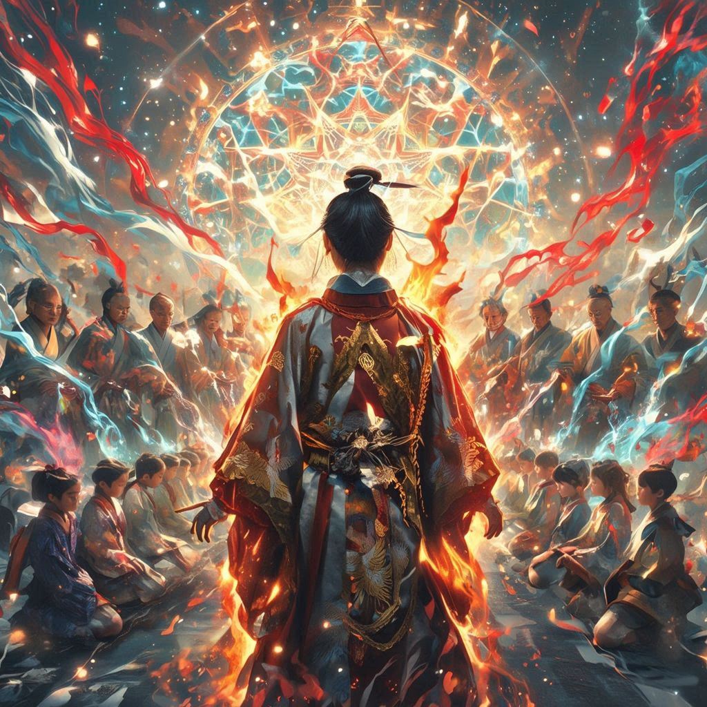 Omote Sensei sharing a teaching with children and spiritual leaders gathered beneath a luminous mandala.