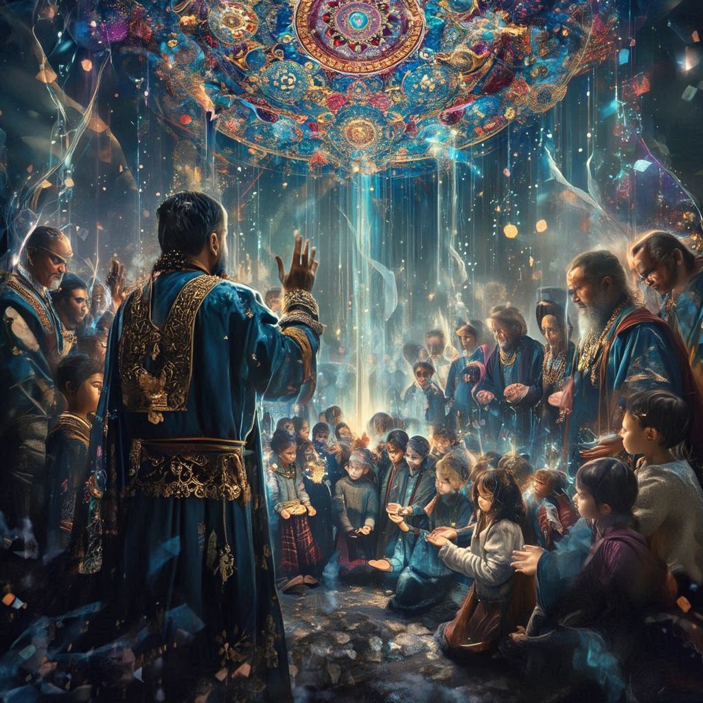 Omote Sensei standing within a field of fire and blue light as children and teachers receive the teaching.