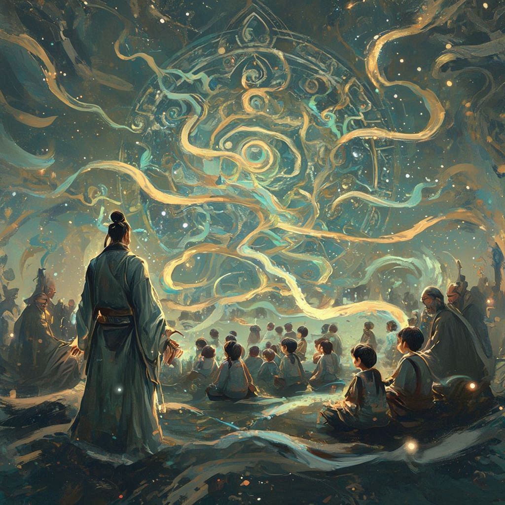 Omote Sensei with children and spiritual leaders beneath flowing gold and blue energy.